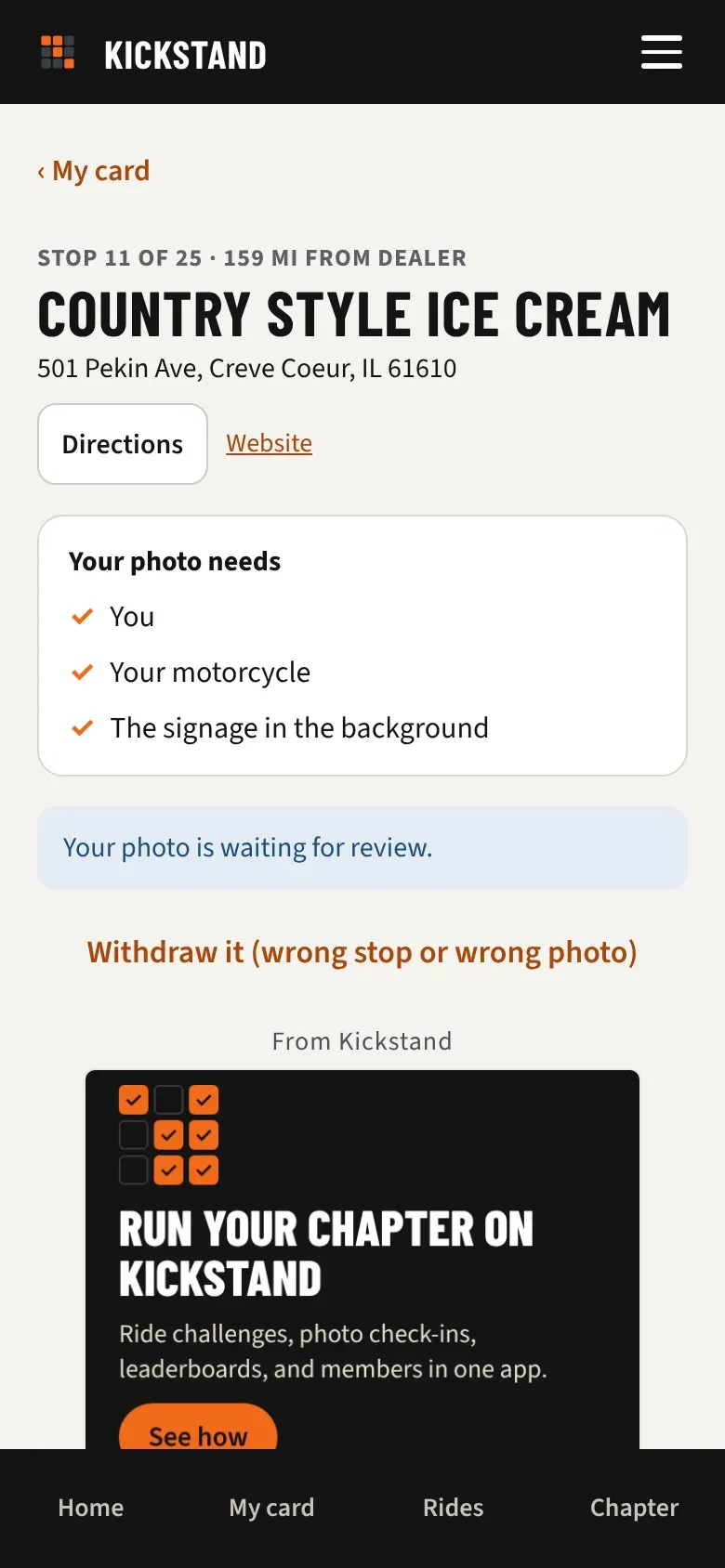 A stop page that says Your photo is waiting for review, with the Withdraw it button