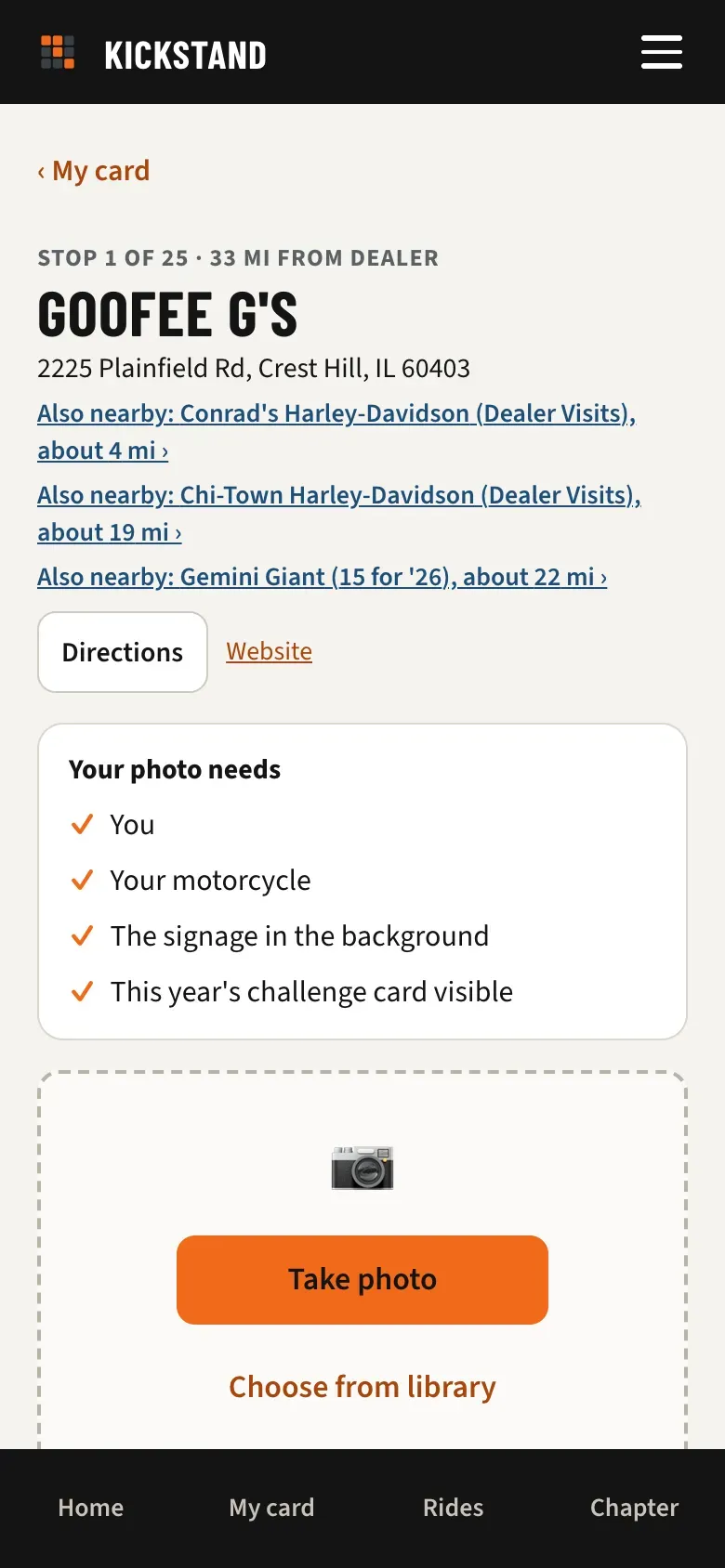 A stop page with the Your photo needs checklist and the Take photo and Choose from library buttons