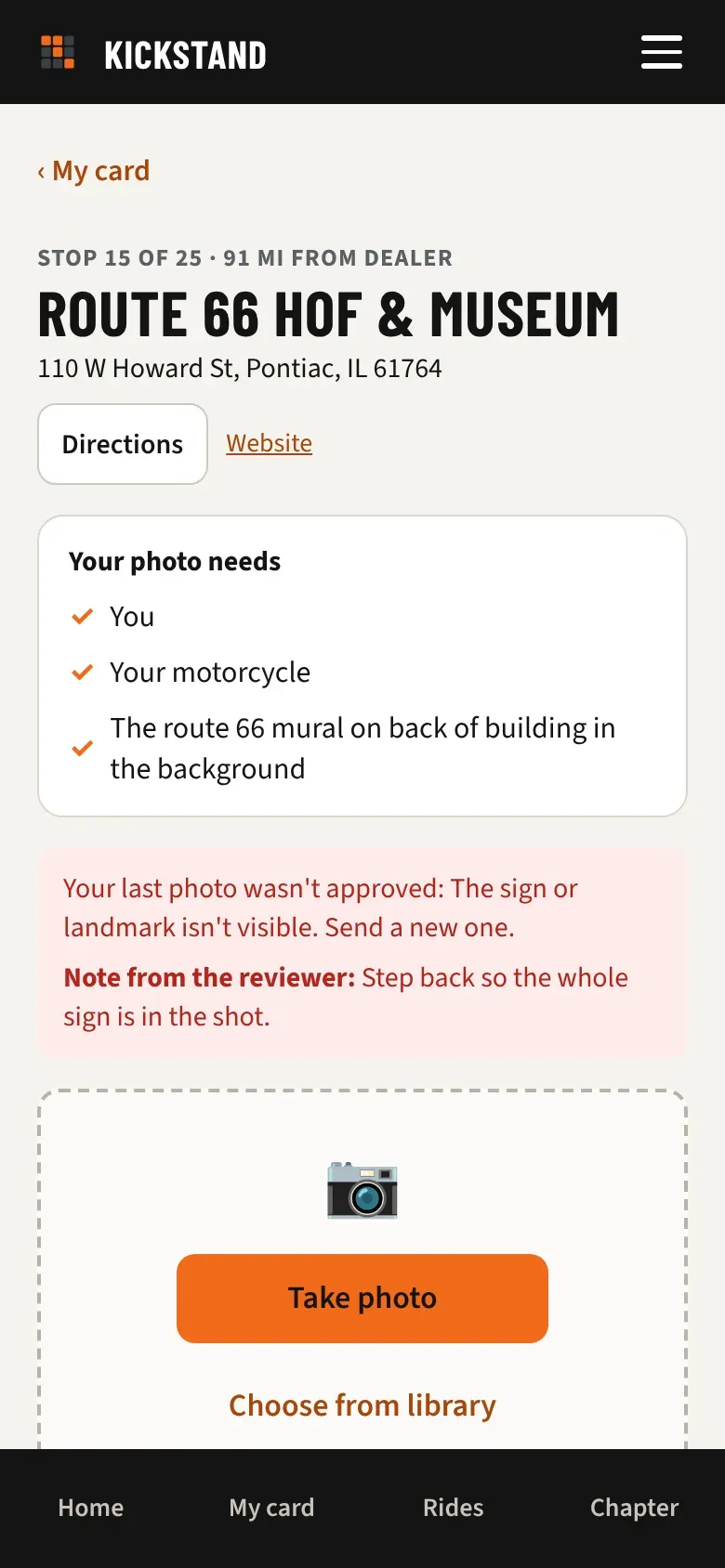 A stop page with the red note Your last photo wasn’t approved and the reviewer’s note