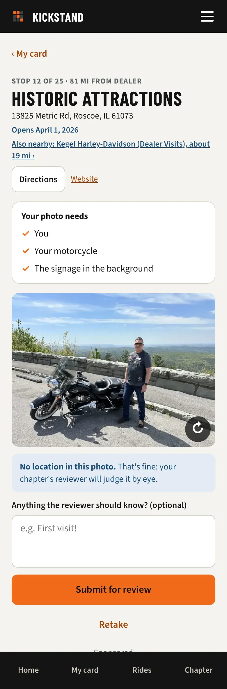 The photo preview with the turn button on its corner, the note box, and the Submit for review button