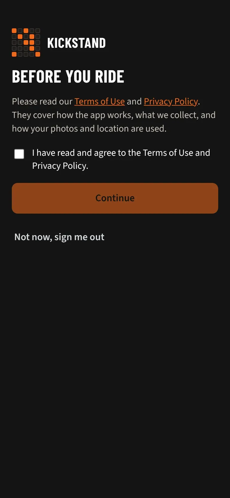 The Before you ride screen with the agreement box and the Continue button