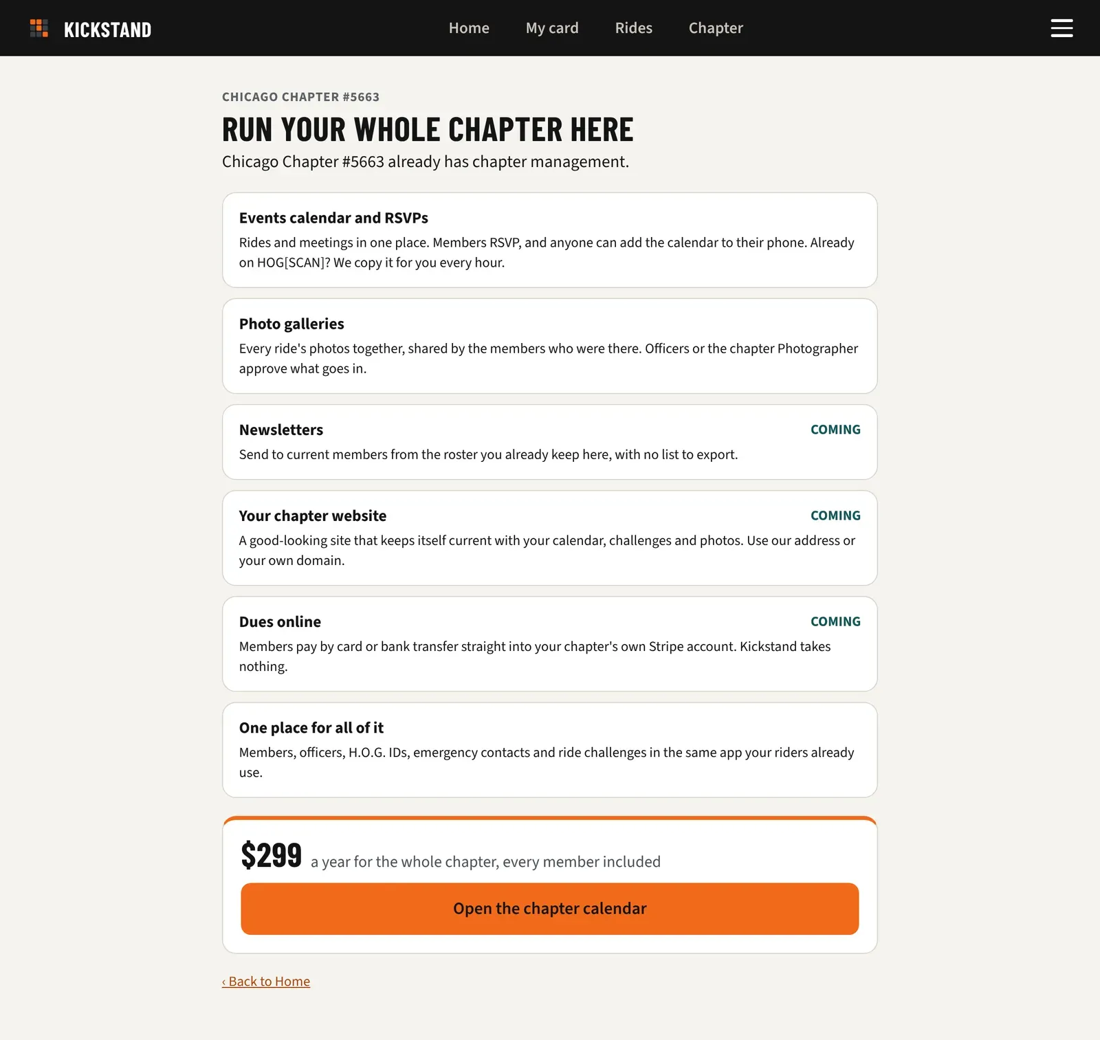The upgrade page listing what the Chapter Platform plan adds, with Newsletters, Your chapter website and Dues online marked COMING, and the $299 price
