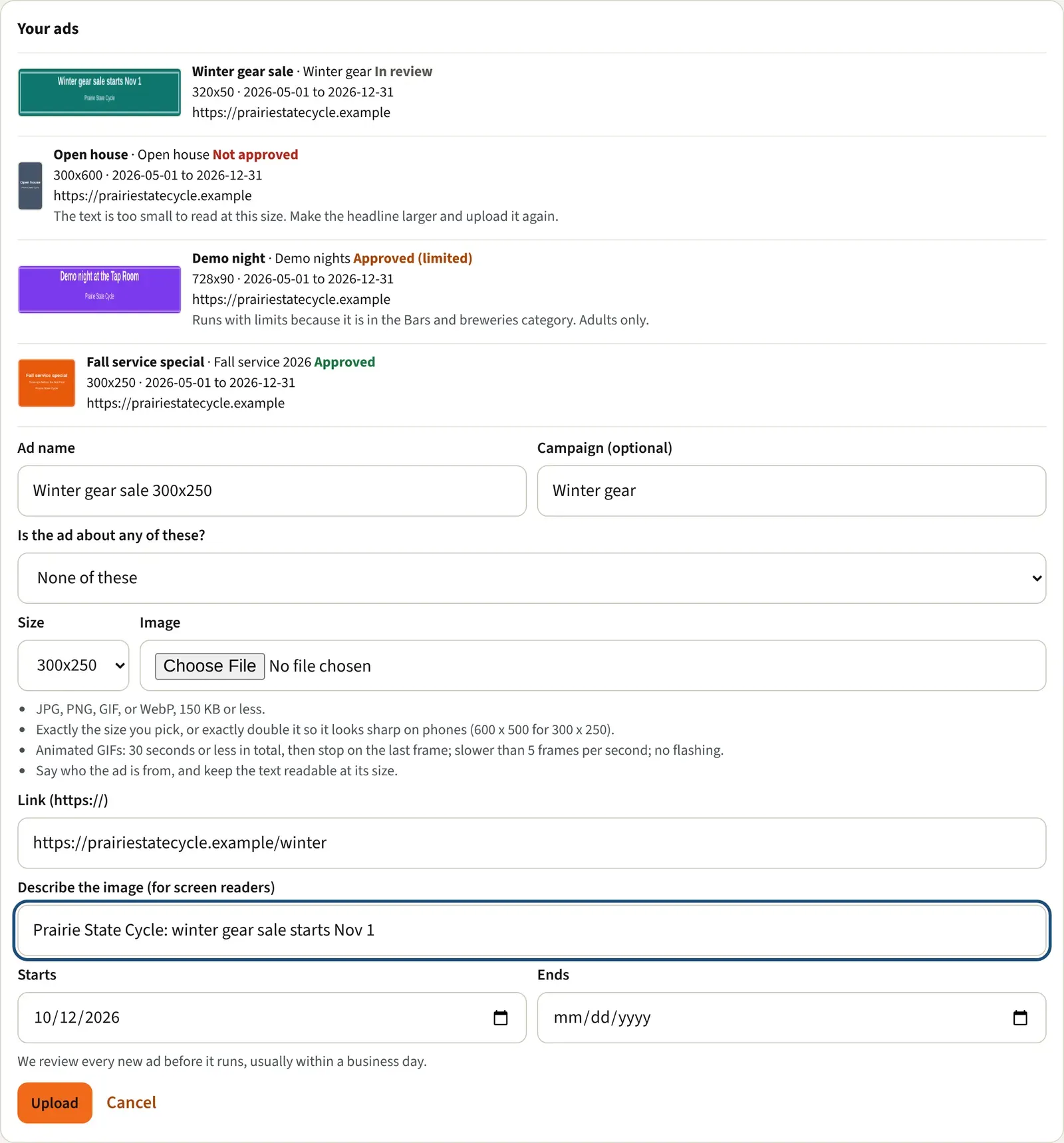 The upload form with the ad name, size, image, link, description, and dates