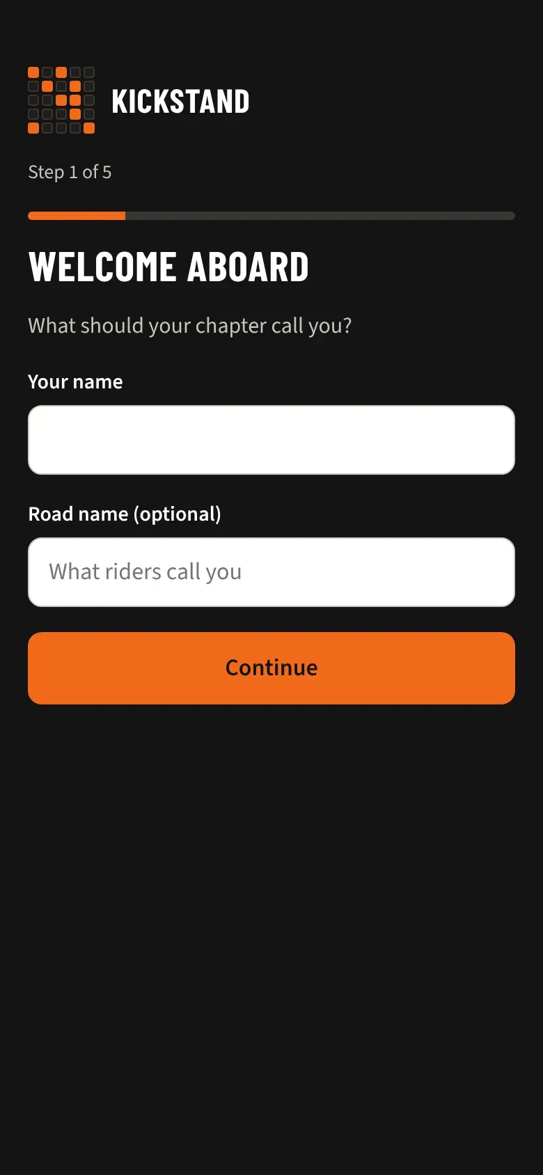 The first welcome step asking for your name and an optional road name